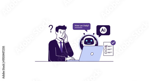 Man interacting with AI assistant on laptop with chat bubbles and question mark.