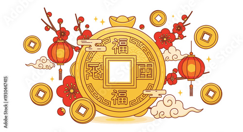 Chinese Gold Coin with Lanterns and Ingots.