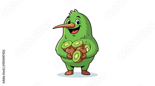 Cartoon kiwi character holding sliced kiwi fruits happily.