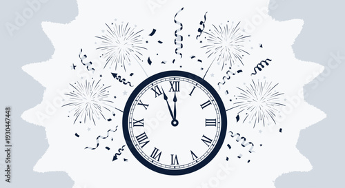 Clock with Roman numerals and fireworks.
