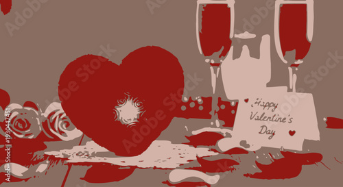 Red Heart with Roses and Champagne Glasses.