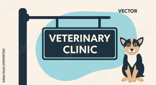 Cartoon Dog Sitting Near Veterinary Clinic Sign.