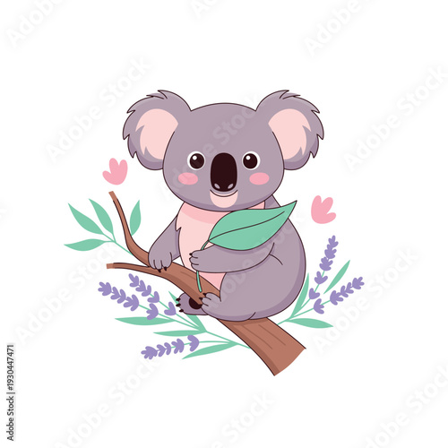 Adorable cartoon koala sitting on a branch with flowers.