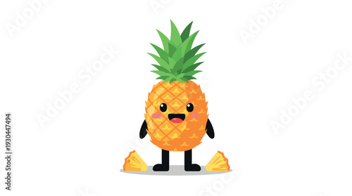 A cartoon pineapple character with a smiling face and black arms and legs.