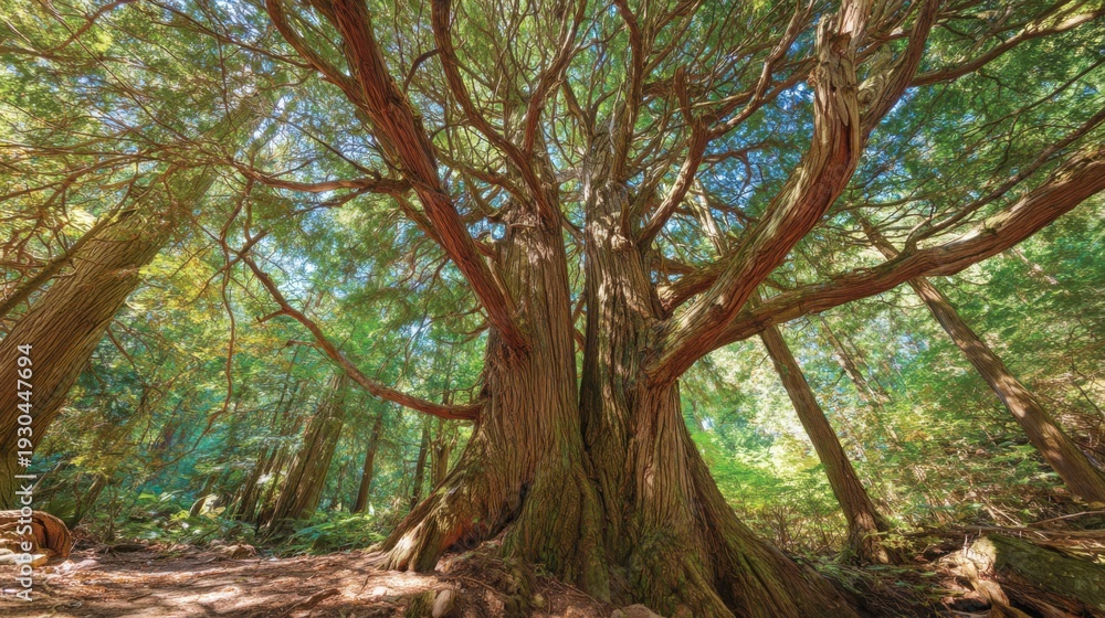 Fototapeta premium Towering ancient cedar tree with peeling bark and spread of branches in a sunlit forest