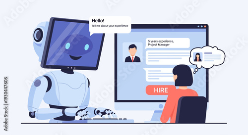 Robot assisting human with job application on computer.