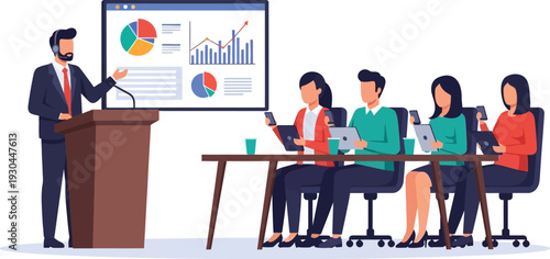 Speaker presents rising sales growth statistics to attentive audience.