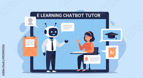 E Learning Chatbot Tutor Illustration with Robot and Student.