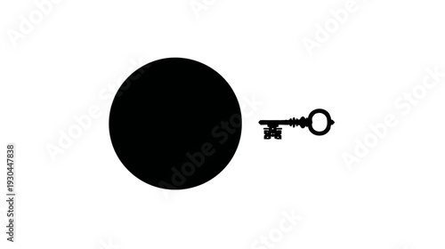 Black circle on white background next to a skeleton key. Simple graphic. Minimalist