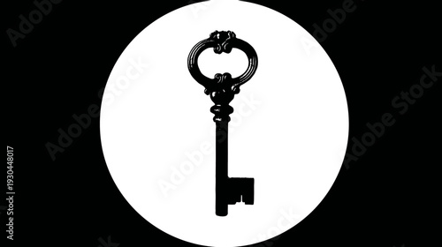 A detailed image of an ornate, black key inside a white circle against a black backdrop