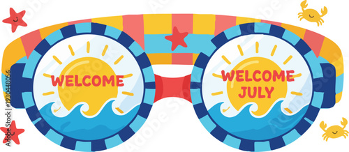 Colorful Summer Sunglasses with Beach Scene and Welcome Text