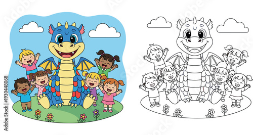 Big cute blue dragon sitting with group of happy kids in nature. Funny cartoon dinosaur character and smiling children