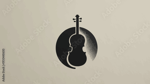 A simple, black violin silhouette inside a black circle with a gradient on a beige textured background