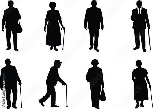 Elderly people silhouettes, senior figures, aging illustration, posture design, healthcare concept, accessibility clipart, lifestyle artwork, black white vector design