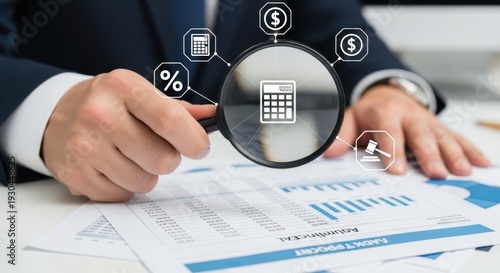 Closeup Businessman Hand holding magnifying glass over financial document with tax icons, concept of auditing, tax planning, accounting compliance, and fiscal responsibility.
