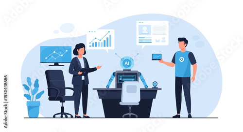 Modern office scene with robot assistant and two coworkers collaborating.