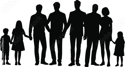 Group of diverse people and family silhouettes standing together, isolated on white background, community of adults and children holding hands.