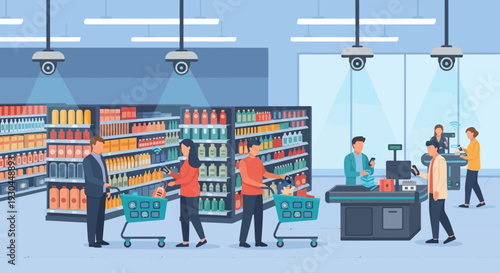 People shopping in a modern supermarket with checkout counters.