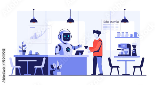 Modern office workspace with human and robot collaborating.