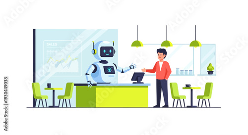Man interacting with a robot at a modern cafe counter.
