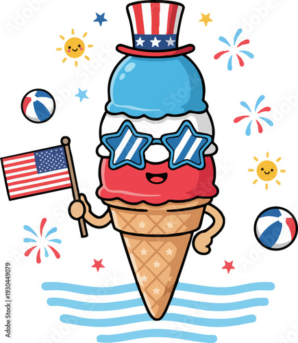 Festive Ice Cream Cone with American Flag and Uncle Sam Hat