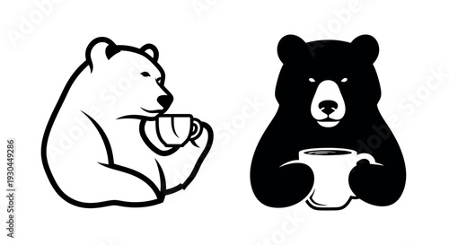 Coffee Bear Logo Holding Mug – Vector Negative Space Design, Minimalist Bear Mascot with Coffee Cup Icon, Modern Clever Negative Space Concept Isolated on White Background