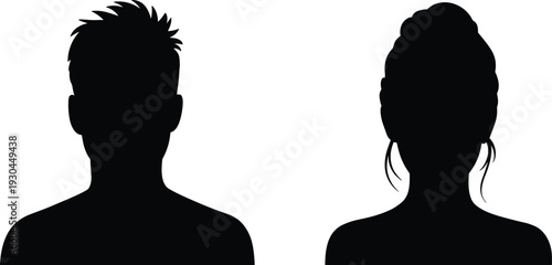 Male and female profile silhouette, avatar icon design, human head illustration, hairstyle graphic art, people identification concept, social character representation
