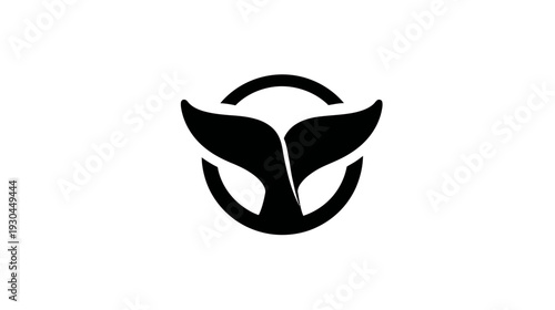 A monochrome illustration of a whale's tail emerging from a circle. The tail curves symmetrically