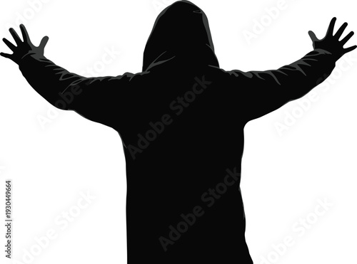фотографія Silhouette hooded figure, raised arms, surrender gesture, celebration pose, invo