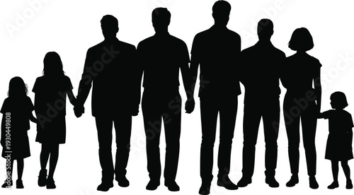 WeSilhouette of a diverse multi-generational family group with children and adults standing together in a row against a white background