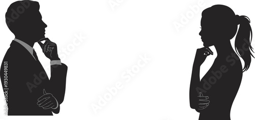 Silhouette man thinking, woman contemplating, thoughtful pose, business reflection, decision making, negotiation concept, intellectual dialogue, teamwork strategy, debate illustration