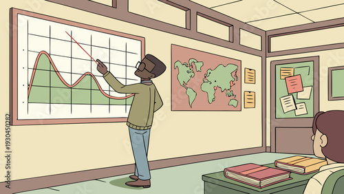Geography teacher explaining relief and climate.