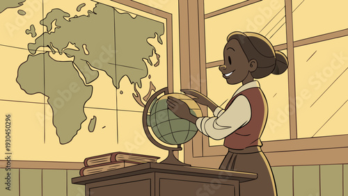 Geography teacher with a globe.