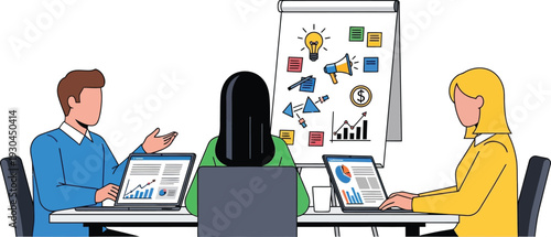 Four colleagues collaborate closely analyzing complex workflow chart.