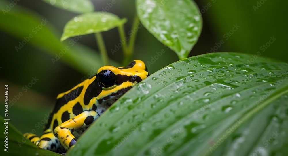 Obraz premium Vibrant Yellow and Black Poison Dart Frog on Lush Green Leaf.