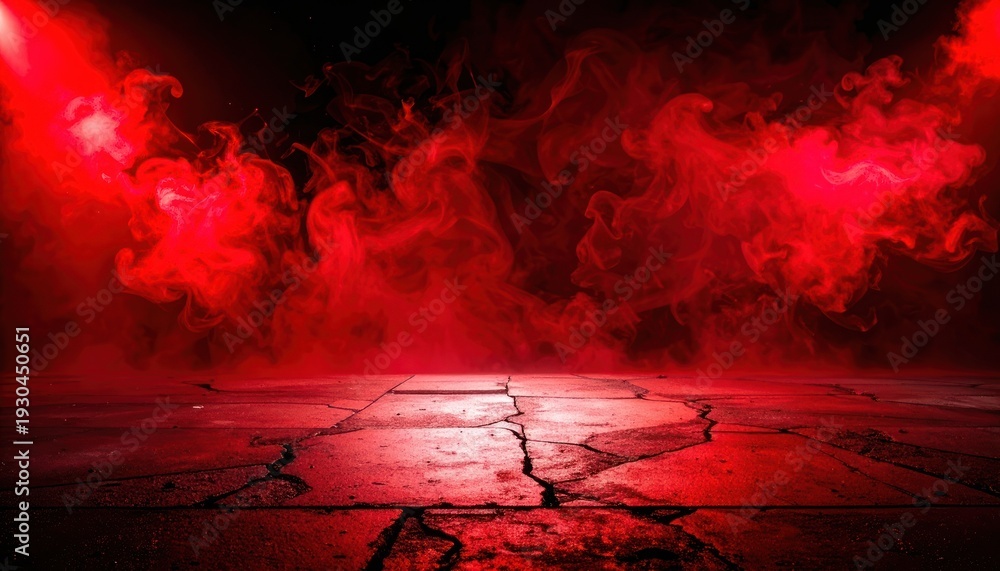 Fototapeta premium Dramatic scene featuring intense red smoke illuminated over a cracked, dark ground.