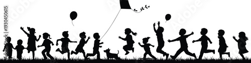 Silhouettes of children playing in park with kite and balloons, group of kids running on grass, happy childhood summer activities,