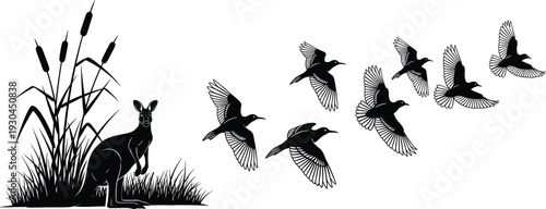 Kangaroo and Flying Birds Silhouette Vector Set with Wetland Reeds and Grass Isolated on White Background, Black Wildlife Illustration