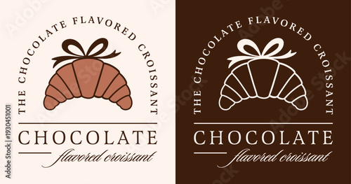Chocolate croissant flavor label logo cocoa filling drizzle cacao filled bakery packaging design sticker illustration. Fancy luxury aesthetic French pastry with bow outline drawing cute poster print.