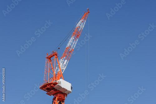 Принти на полотні Side view luffing tower crane with long hanging cables and lattice boom angled near vertical as if in standby mode or operating under tight radius conditions