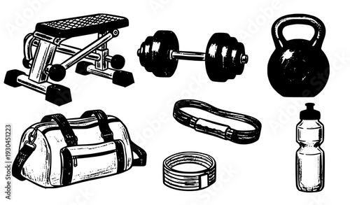 Charcoal doodle gym equipment hand drawn vector set