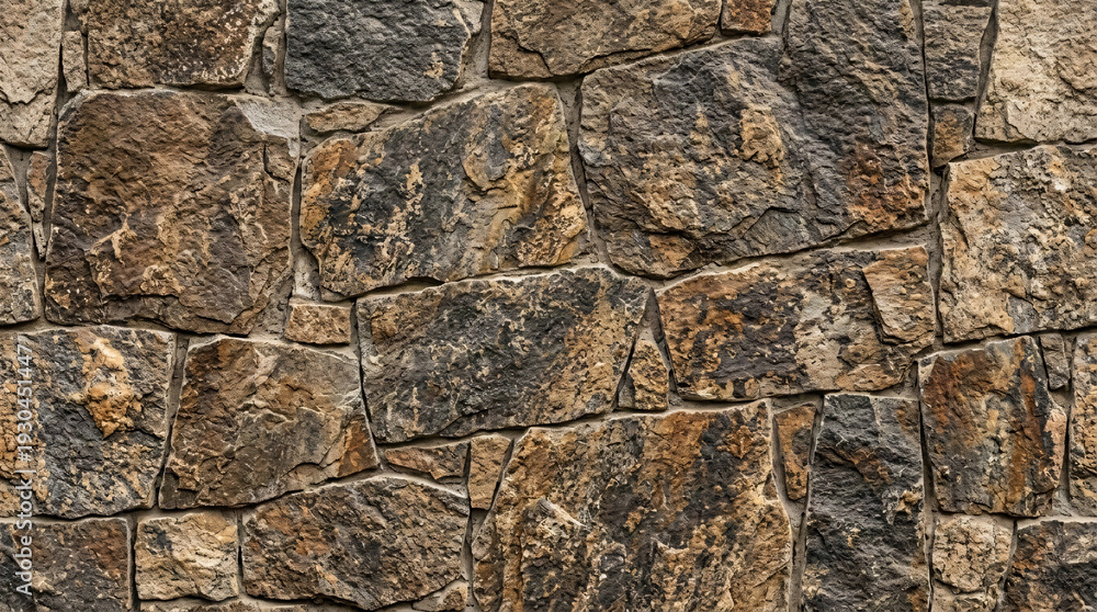 Obraz premium Rustic natural stone wall with rough-hewn brown and grey boulders fitted together tightly
