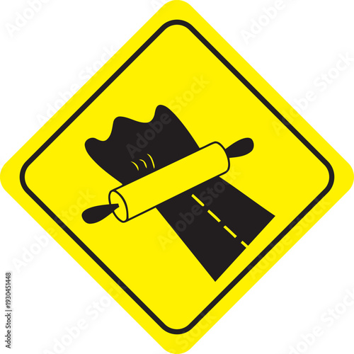 Yellow diamond-shaped warning sign with a road roller silhouette indicating road construction