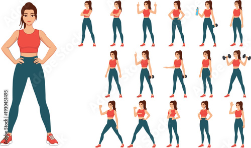 Sporty Fitness Woman Character Set with Dumbbells and Workout Poses Isolated on White Background Cartoon Vector Illustration Collection