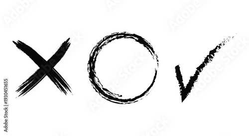 Hand-Painted Brush Stroke X O Circle and Check Mark Symbols on White Background
