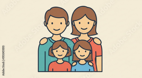 Happy family of four standing together smiling parents and two children in colorful clothes