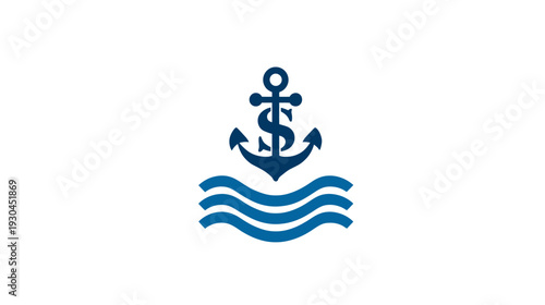 A blue anchor above three wavy lines, evoking the sea. Against a white backdrop
