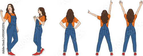 Stylish Young Woman in Denim Overalls with Multiple Poses Front and Back View Isolated on White Background Illustration