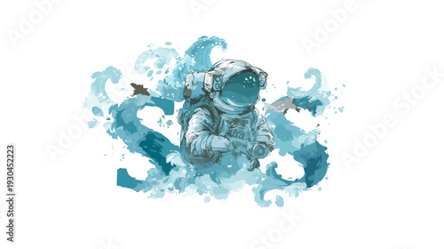 An astronaut in a spacesuit surrounded by watercolor waves against a white background
