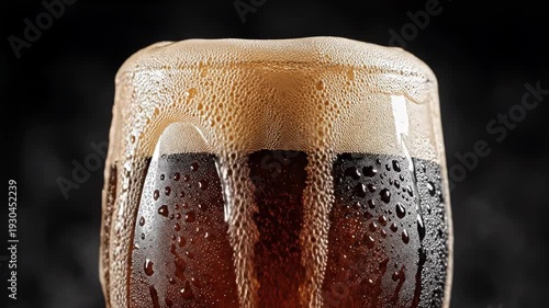 Close-up of foamy dark beer pouring into a glass with bubbles